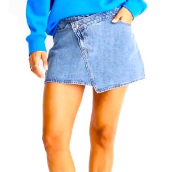Future Collective Kahlana Barfield Brown Women's Asymmetrical Mini Jean Skirt 12 - Picture 1 of 12